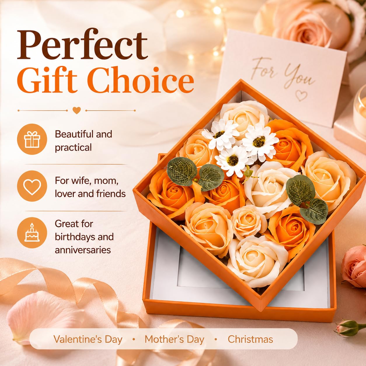 Ideal Swan Rose Bath Soap - Flower Floral Scented Rose Soap Petals in Flower Box, Transparent Window for Women Plant Essential Oil Set for Birthday Valentine’s Christmas （Orange）