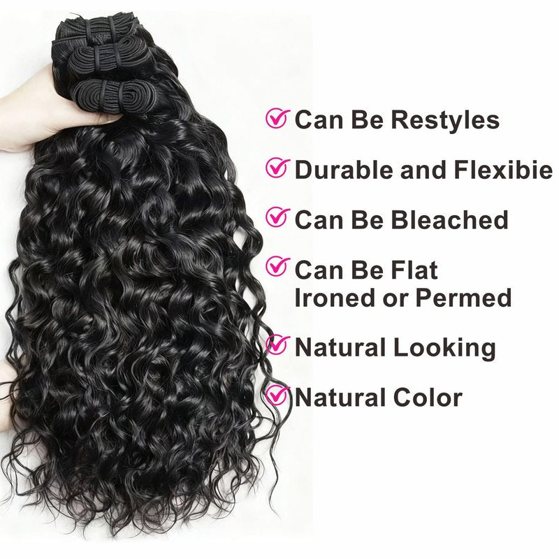 Water Wave Bundles with Closure 12A Brazilian 5 x 5 HD Lace Closure 100% Human Hair (12 14 16+12) Closure Free Part Wet and Wavy Bundles with Natural Color