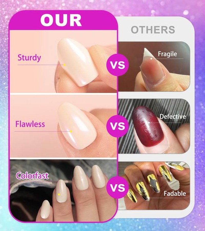 Morily Short Fake Press on Nails Almond with Glitter Designs, Milky White Acrylic Thick Stick on False Nail Reusable Glossy Full Cover Manicure for Women, 32 Pcs