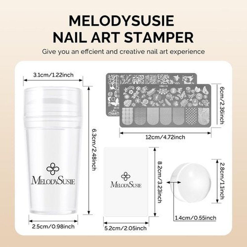 MelodySusie Nail Stamper Kit, Silicone French Tip Stamp Tool, 1PC Stamper, 1PC Scraper, 2PCS Stamping Plates, 2PCS Silicone Replaceable Heads for DIY Home French Manicure & Salon Art, Transparent