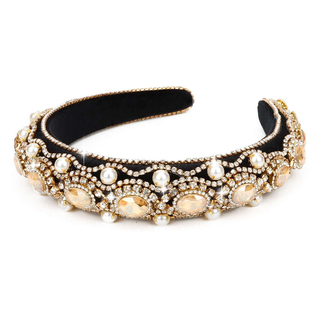 Wecoe Champagne Gold Rhinestone Headband with Pearls Women Vintage Fancy Sparkly Diamond Padded Bulky Puffy Luxury Beaded Headband Renaissance Costume Hair Accessories For Women Girls Gifts