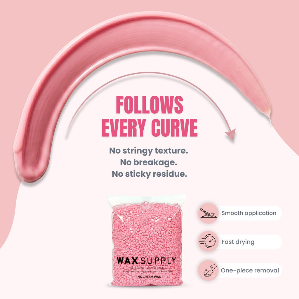 Pink Cream Hard Wax Beads for Sensitive Skin Rosin Free - 2.2lb (1000g) Hypoallergenic Waxing Beads with Argan Oil & Cocoa Butter - European Formula Professional Brazilian Body Wax