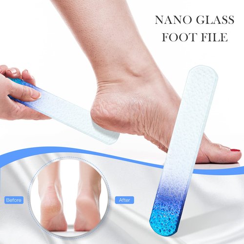 Lanties 5 Pcs Glass Nail File Set Callus Remover Foot Rasp Manicure Tool Include 2 Crystal Glass Nail and 1 Foot File 1 Cuticle Pusher One Nano Shiner Buffer Polisher for Beauty