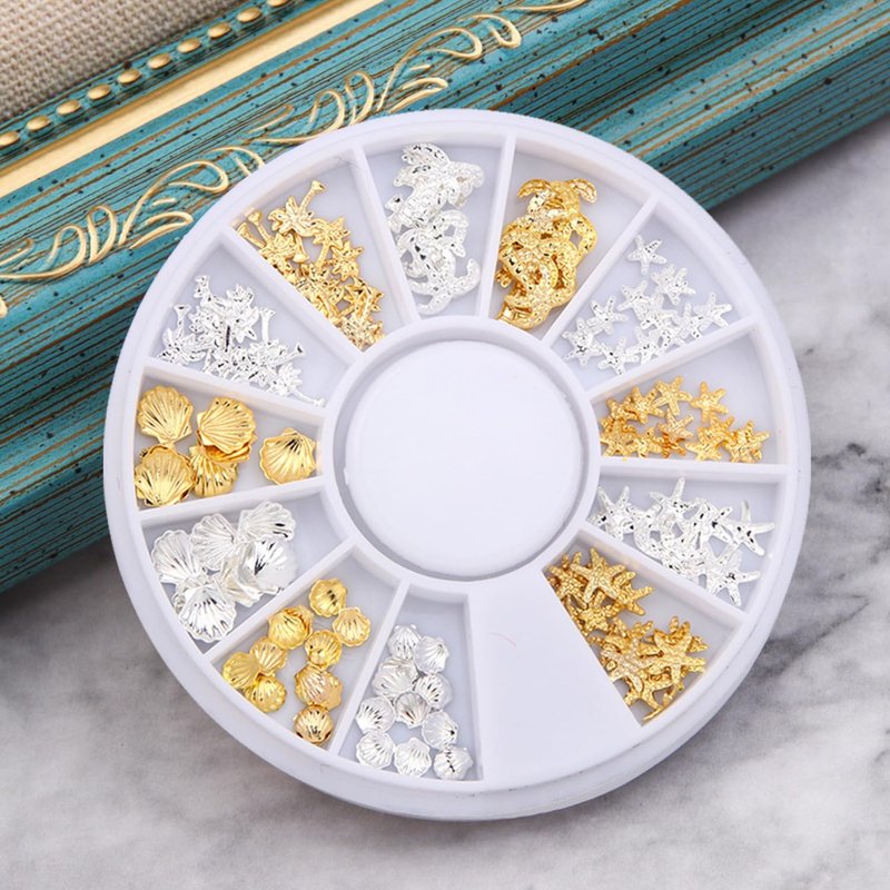 YECIRALA 6 Box Gold And Silver Ocean Nail Charms Nail Art Studs Beach Starfish Sea Seashell Stars Moons Nail Charms Decals Gold Metal 3d Nail Gems Jewelry For Manicure DIY Nail Embellishments