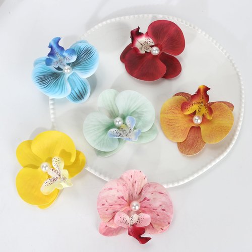 6-Pack Flower Hair Clips - Hawaiian Tropical Orchid Hair Clips Bohemian Hairpins with Artificial Silk Flowers for Women Beach Wedding Accessories &Summer Vacation（Yellow Red Blue）