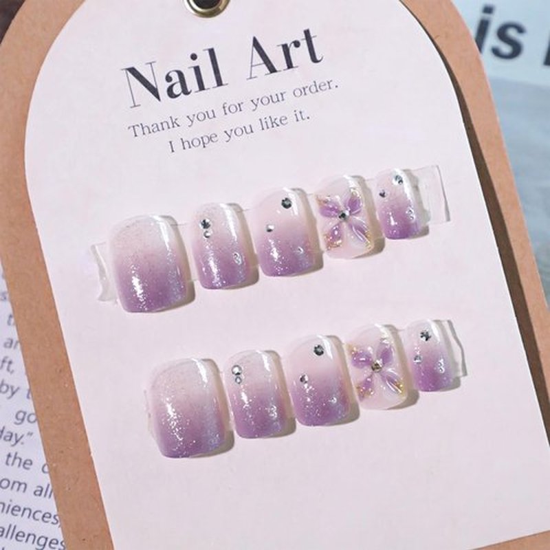 24Pcs 3D Flower Press on Nails Silver Glitter Stick on Fingernails Glossy Purple Gradient Acrylic Fake Nail Rhinestones Short Square False Nails Pearls Gel Glue on Nail for Coquette Women Girls