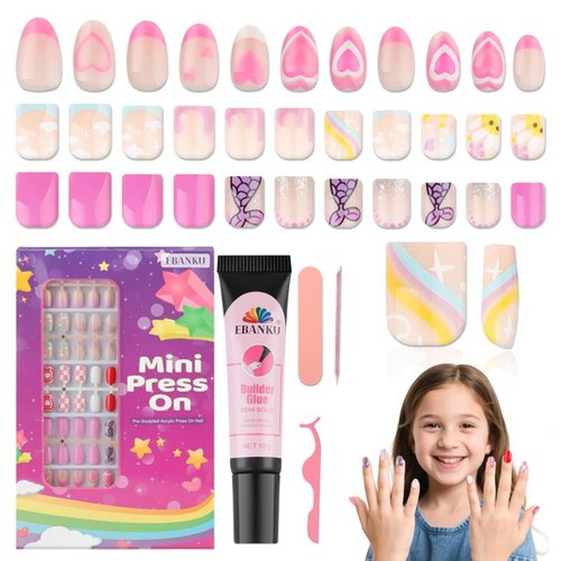 EBANKU 130 Pcs Press on Nails for Girls, Short Old Cute Mermaid Heart Fake Nails for Kids 8-12 Years Stick On False Nails Kit with Jelly Nail Adhesives & Builder Glue, Full Cover Nails Tip for Child