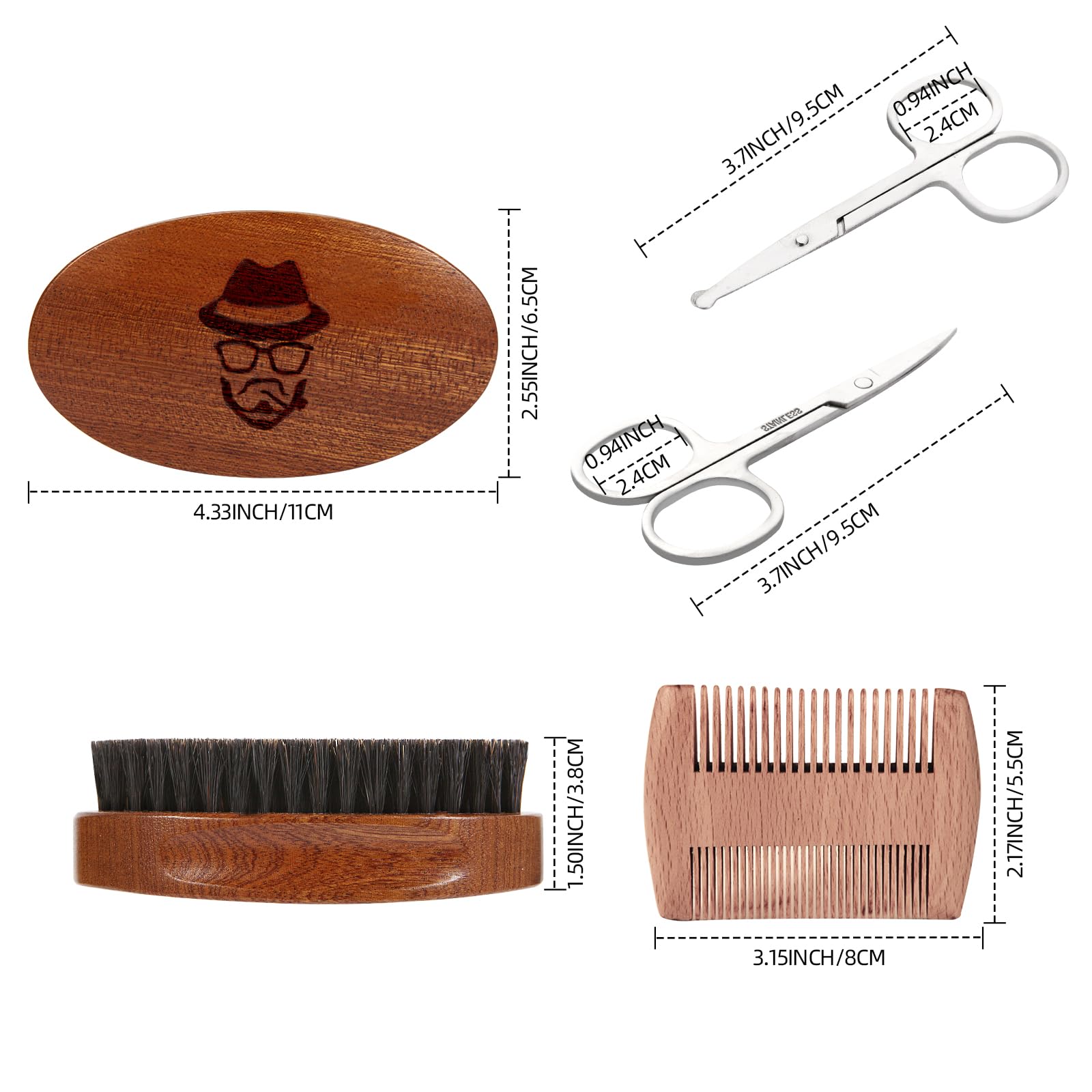 Sosoon Boar Bristle Beard Grooming Set for Men - Rectangular Brush, Comb, 2 Mustache Scissors, Travel Bag