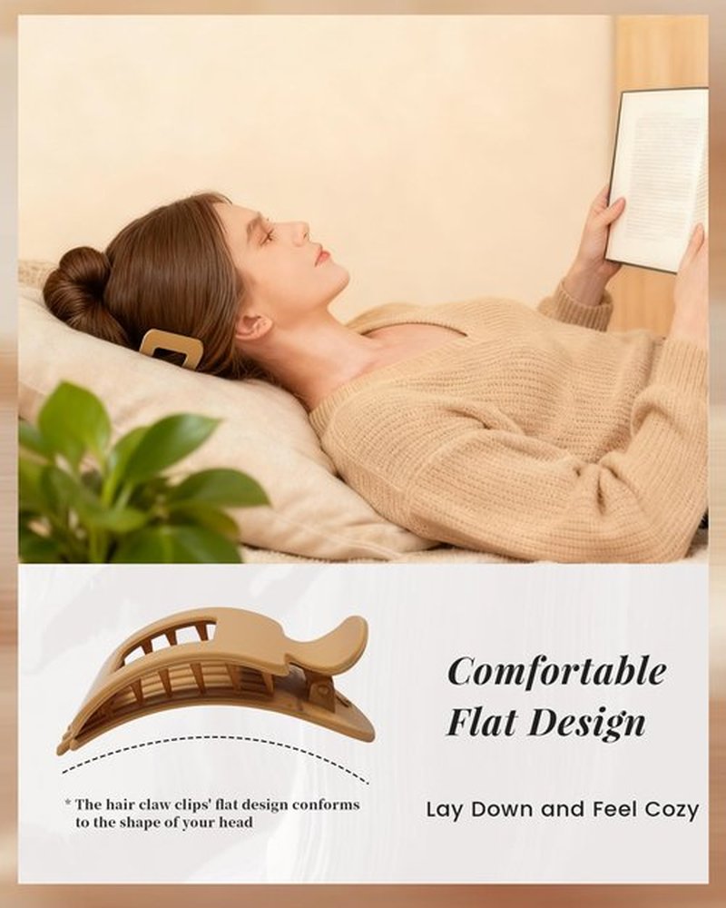 Mesovor 6 Pack Flat Square Claw Clips for Women, 3.94" Nonslip Large French Duckbill Lay Flat Hair Clips | Strong Hold Flat Hairclips for Lying Down, Yoga, Driving (Neutral Matte)