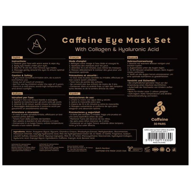 AURAE Caffeine Under Eye Patches (30 Pairs) - For Dark Circles & Puffiness - Hydrating Caffeine Eye Mask