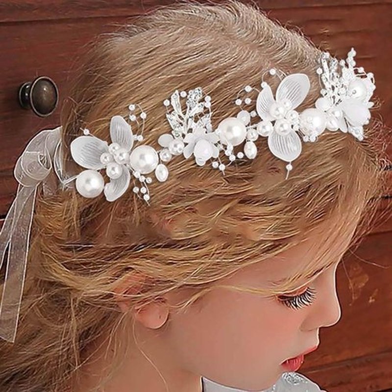 Campsis Flower Girl Headpiece Silver Princess Wedding Headband Girls Flower Pearl Hair Accessories for Birthday Party, Photography