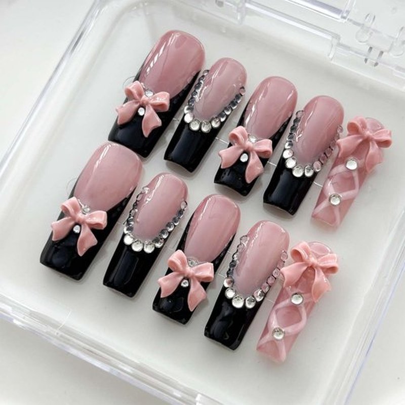 10Pcs Handmade Press On Nails Long Square Fake Nails Bow With Rhinestone Design French Tip False Nails Reusable Acrylic Stick On Nail For Women (SIZE:Large)