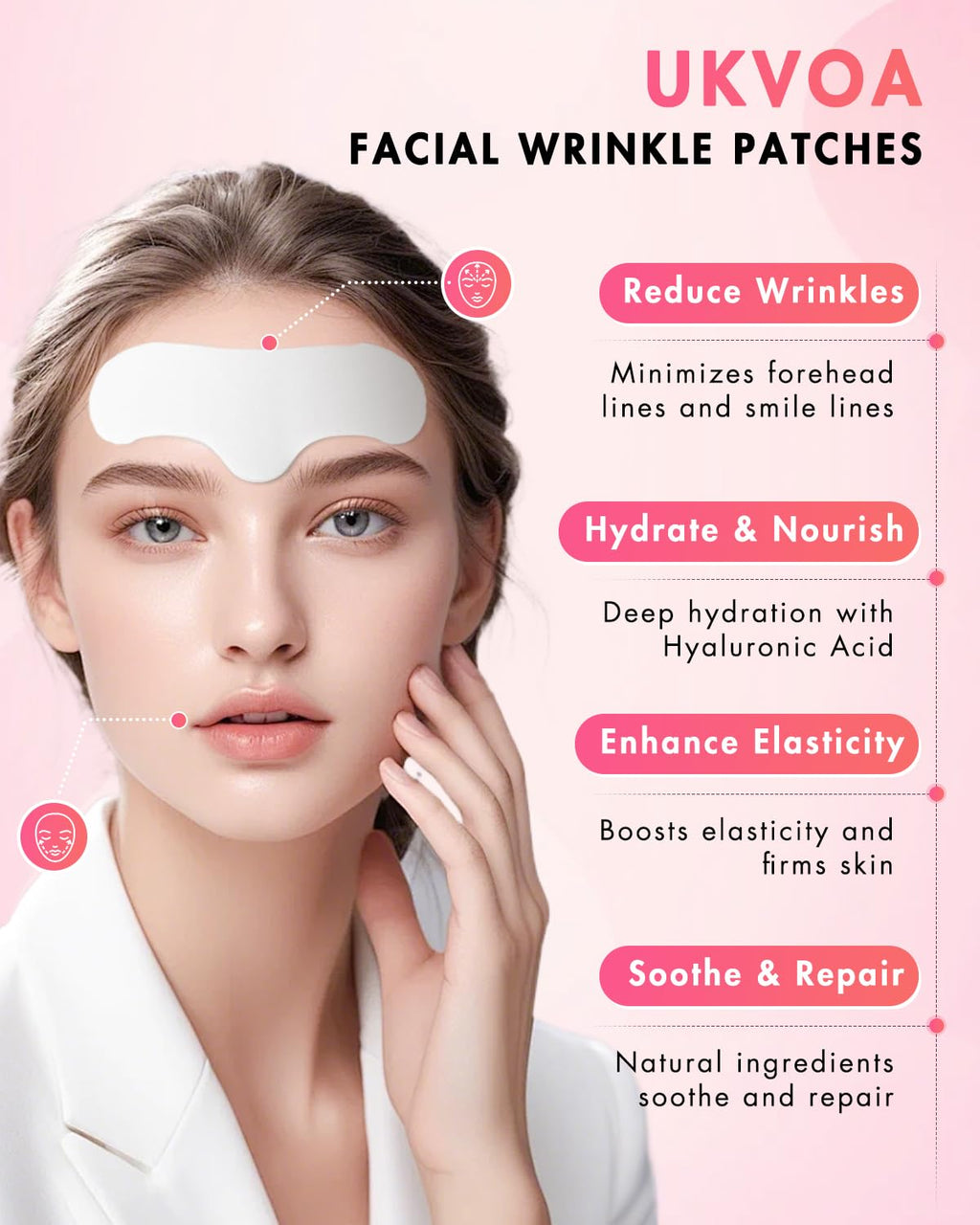 UKVOA Forehead and Smile Line Patches, Overnight Facial Wrinkle Treatment with Hyaluronic Acid, Aloe, Collagen & Vitamin E to Lift Smile Lines for Women 36pcs