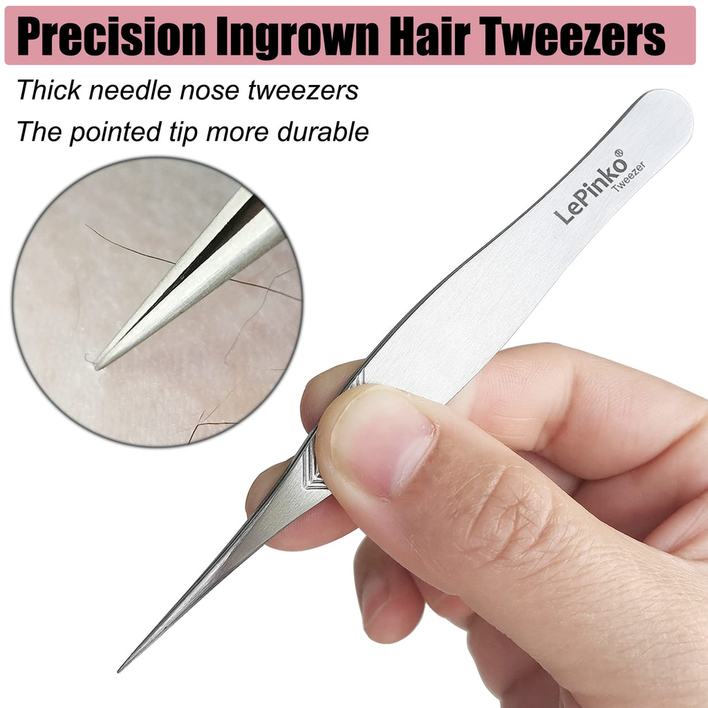 LePinko 2PCS Tweezers Set for Women and Men, Precision Tweezer kit for Ingrown hair, Facial Hairs, Chin Hair, and Splinter Removal, Professional Eyebrow Plucker Tweezers, Silver