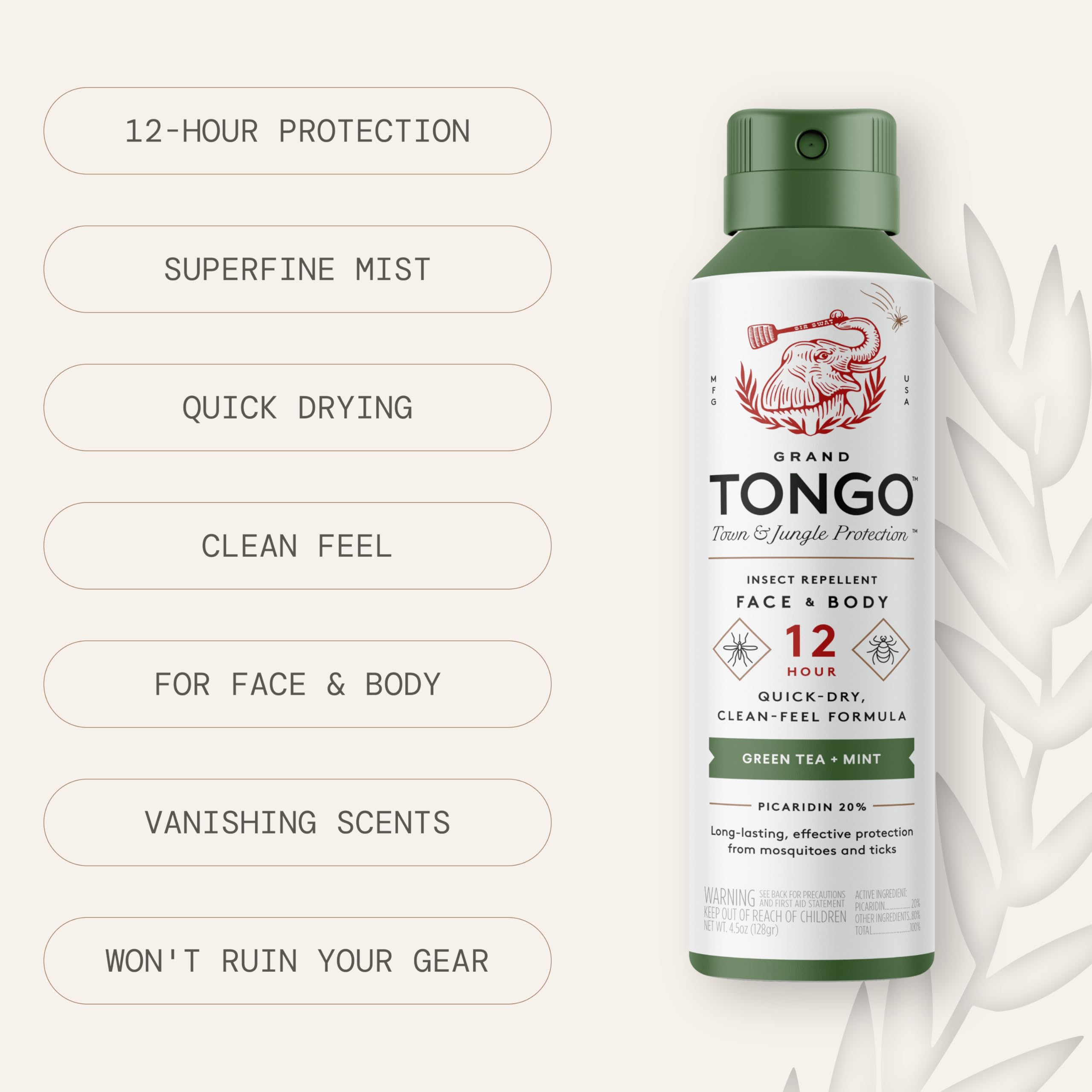 Grand Tongo DEET-Free Green Tea + Mint Insect Repellent with Picaridin- The 12 Hour Protection, DEET Alternative