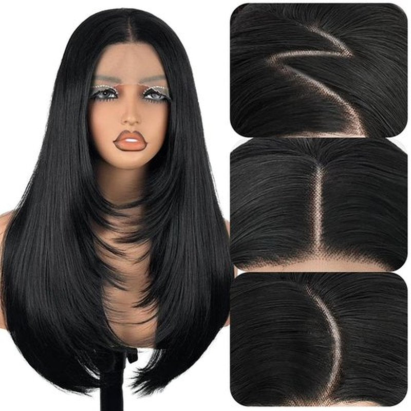 Su Mei.s 13X4 Black Synthetic Lace Front Wig Long Straight Glueless Wigs for Women HD lace layered Pre Plucked Hairline (1B Black, 13X4)