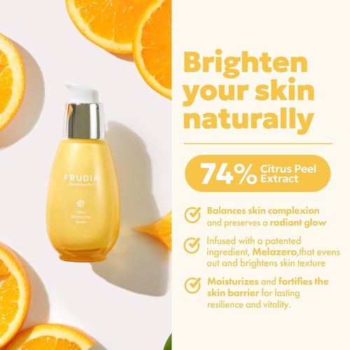 FRUDIA Citrus Brightening Serum - 74% Jeju Tangerine Peel Extract & Vitamin C | 1.76 Oz Korean Facial Serum for Dark Spots