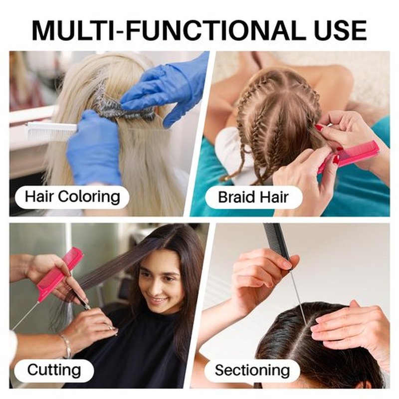 RHOS Carbon Retractable Rat Tail Parting Comb - Portable Fine Tooth Teasing Comb for Styling, Hair Cutting, Braiding with Stainless Steel Pin Tail - White