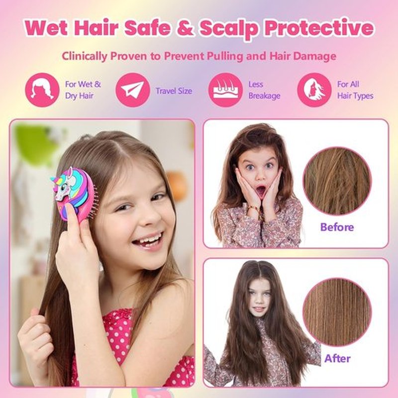 Sparkle Unicorn Toddler Hair Brush for Toddler Girls & Kids Ages 2-4+, Pink Mini Unicorn Hairbrush, Gentle Detangling brush, Wet & Dry Hair, Soft Ball-Tip Bristles for Sensitive Scalp, Travel-Friendly
