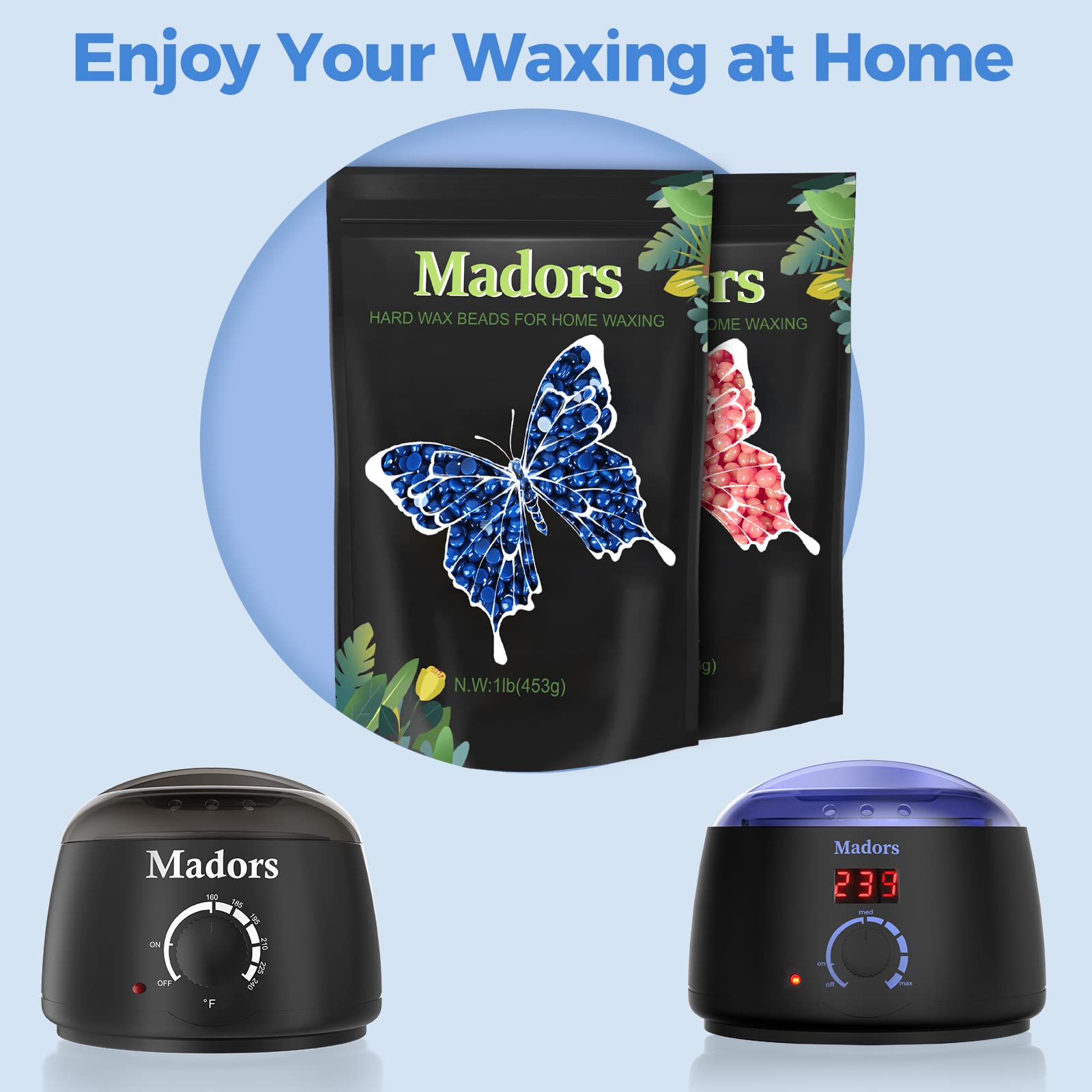 Madors Hard Wax Beads for Hair Removal -1lb/16oz Wax Beans Kit with 10 Wax applicator Sticks for Full Body, Facial, Brazilian Bikin,and legs…