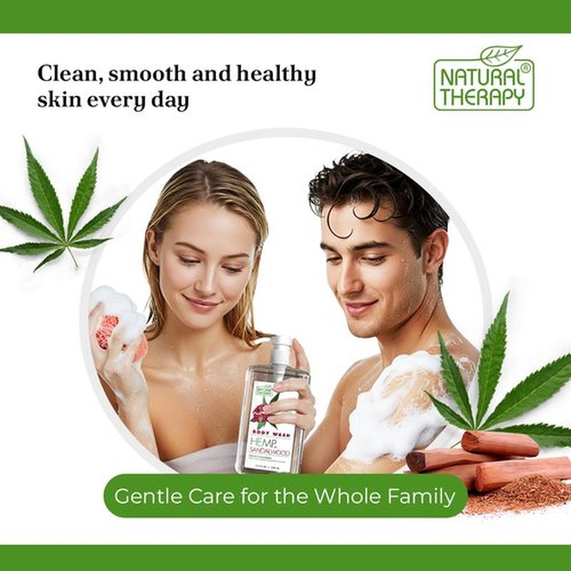 Natural Therapy Body Wash for Women and Men with Hemp & Sandalwood Oils - Shower Gel Cleanses and Moisturizing Skin - With Dead Sea Minerals Nourish for Body, Pack of 2 (67.6 fl.oz)