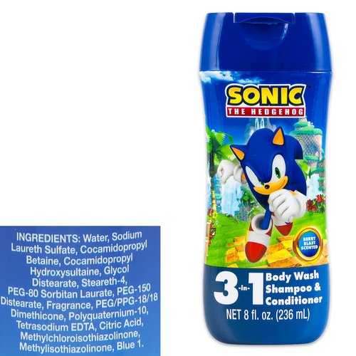 Sonic the Hedgehog Kids Shampoo, Conditioner, Body Wash 8 Oz Bottle - Bundle with 3-in-1 Berry Scented Body Wash, Shampoo & Conditioner Plus Stickers, More | Sonic Bathroom Set