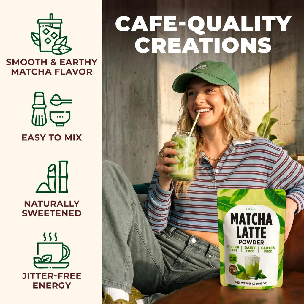 Gya Tea Co Café-Style Matcha Latte Powder 0.55 lb 8.81 oz, 25 Servings - Naturally Sweetened Green Tea Powder Blend for Lattes, Smoothies & Baking - Non-GMO, Filler, Additive