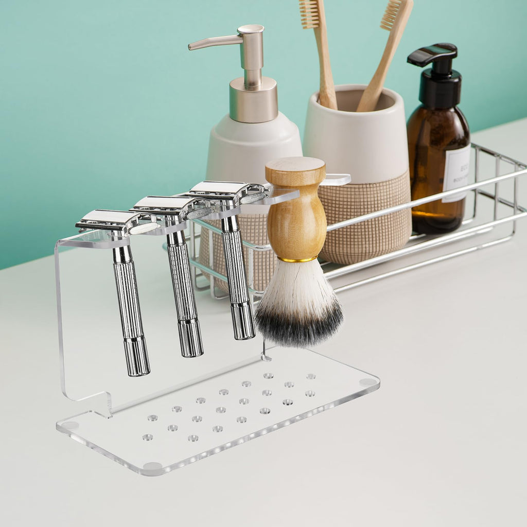 Beautyflier Safety Razor Stand, Clear Acrylic Razor Holder and Shaving Brush Stand, Men's Travel Shaver Stand Compatible with Most Razors and Brushes, Holds 3 Razors and 1 Brush (Stand Only)