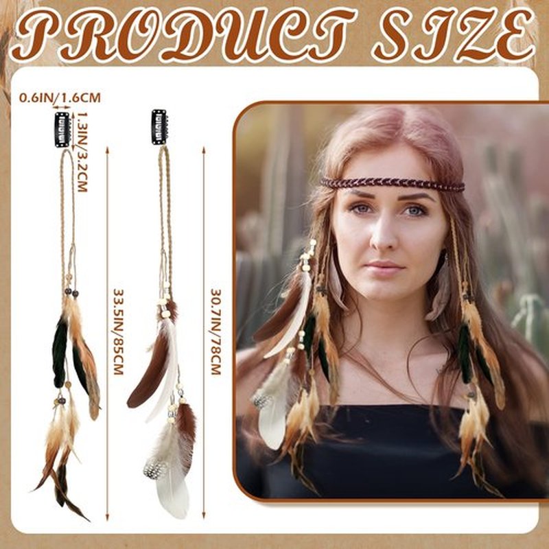 8 Pcs Feather Hair Clips Hippie Handmade Boho Hair Extensions with Feather Clip Comb Braided Beads Headdress Hippie Headpiece DIY Pirate Accessories for Women (Fresh Style)