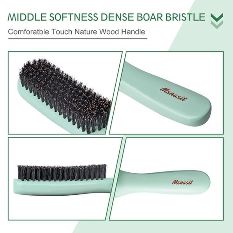 Msnasit Slick Back Hair Brush, Professional Edge Control Brush, Middle Softness Boar Bristle Wooden Handle Hairbrush Smoothing Frizz & Flyaways, Natural Wood Comb for Thin and Fine Hair (Green)