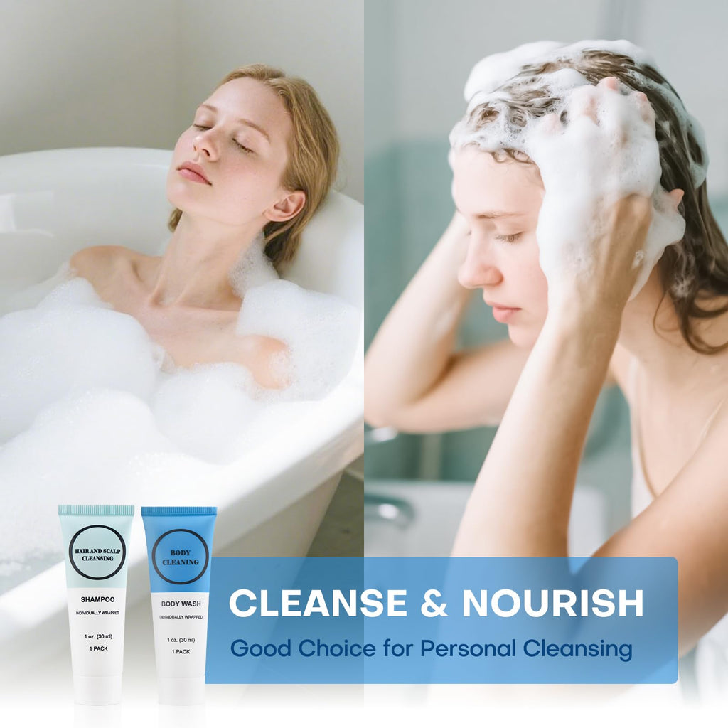 RSQAZQ Travel Size Shampoo and Body Wash Bulk, Individually Wrapped Hotel Mini Shower Gel and Small Men Women Cleansing Toiletries Amenities for Hotel/Vacation/Homeless 1 oz (3.7inch, Count, 20)