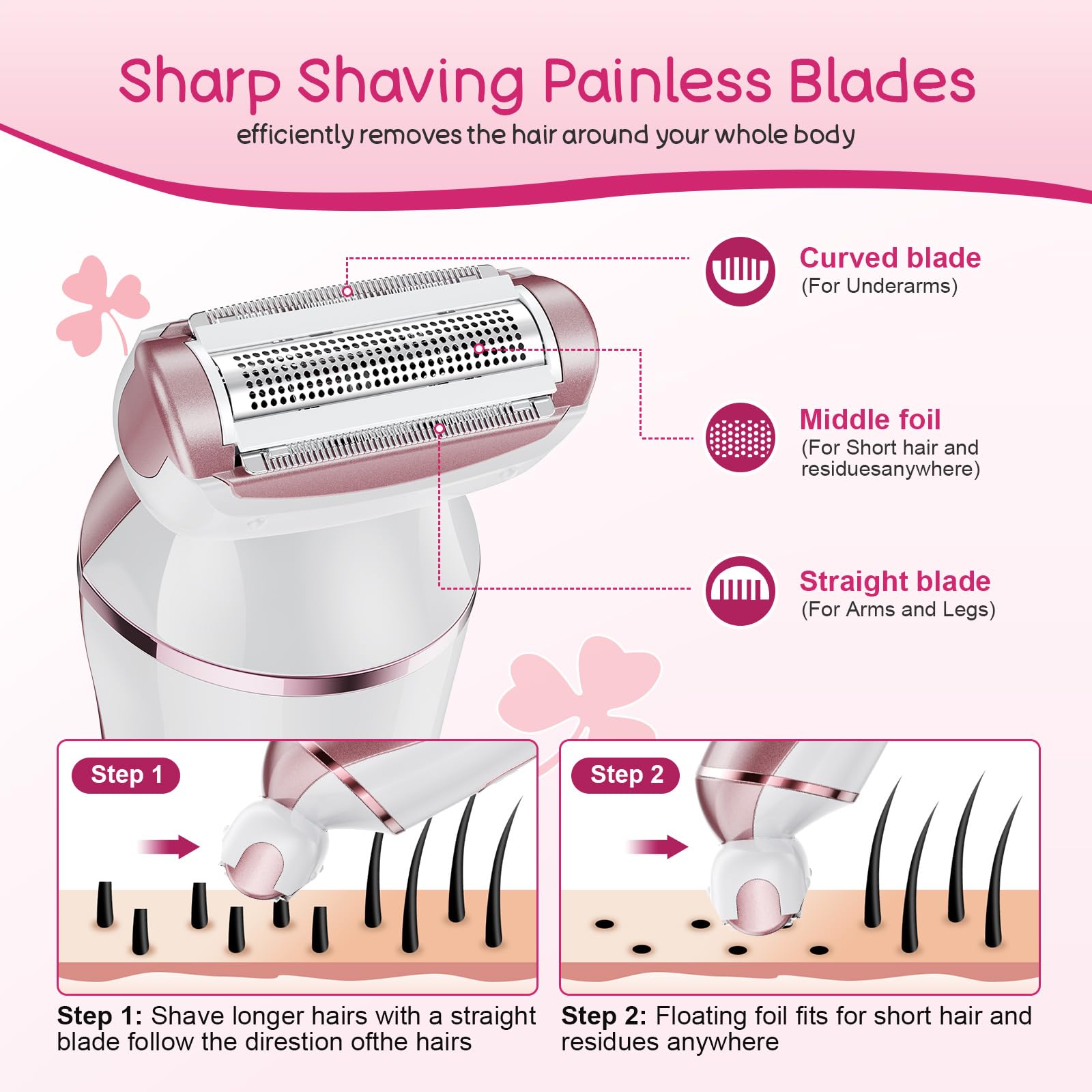 Electric Shaver for Women, Rechargeable Electric Razor,Wet Dry Lady Hair Remover, IPX7 Waterproof, for Legs (Rose Gold)