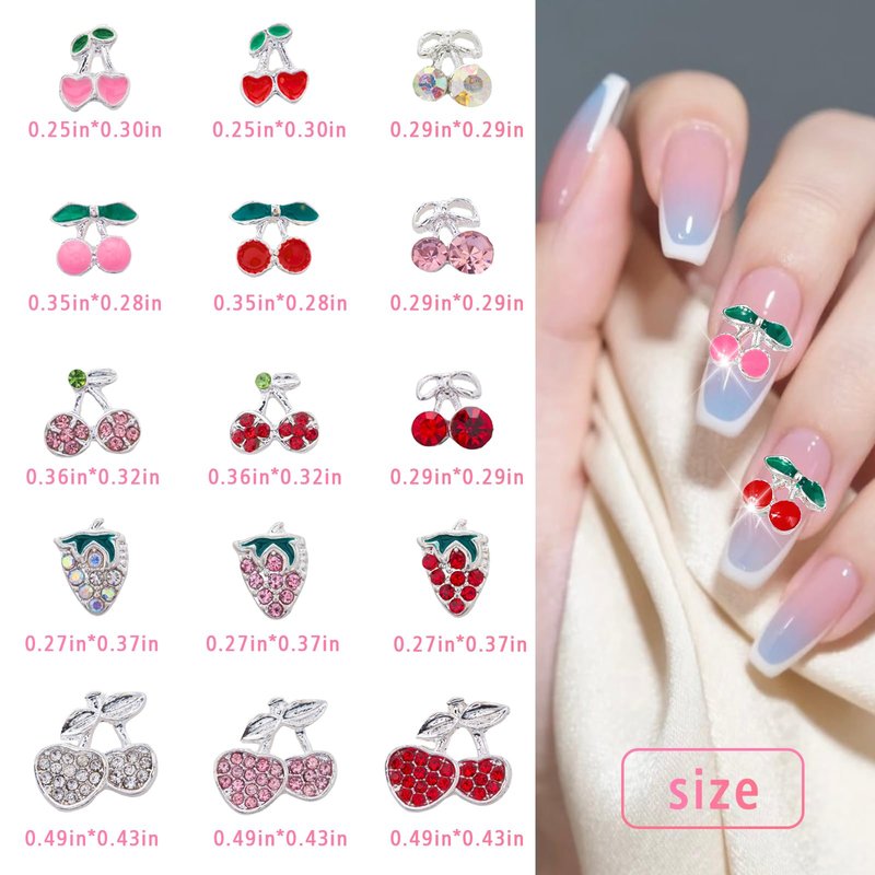 XEAOHESY 45 Pieces Silver Cherry and Strawberry 3D Nail Rhinestones - Cute Fruit Gems and Charms for Women's Manicure and Nail Art Decoration