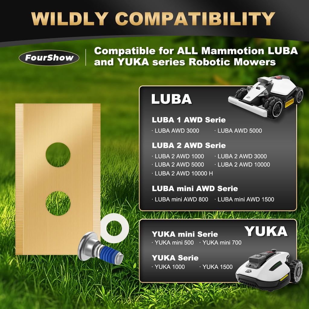 FourShow 36Pcs Replacement Blades Compatible for Mammotion Luba & Yuka All Series, Robust Titanium Replacement Robotic Lawnmower Blades, with Plastic Washers