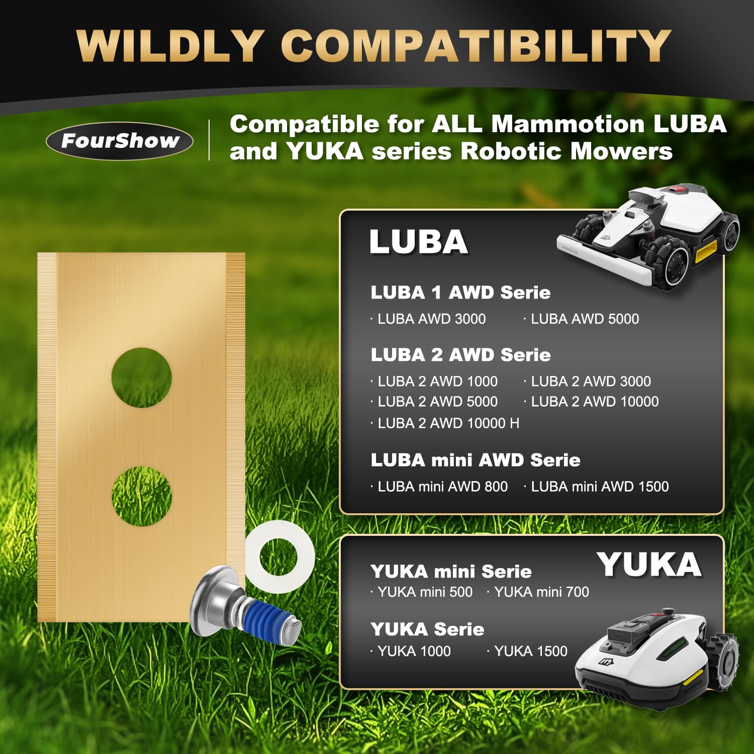 FourShow 36Pcs Replacement Blades Compatible for Mammotion Luba & Yuka All Series, Robust Titanium Replacement Robotic Lawnmower Blades, with Plastic Washers
