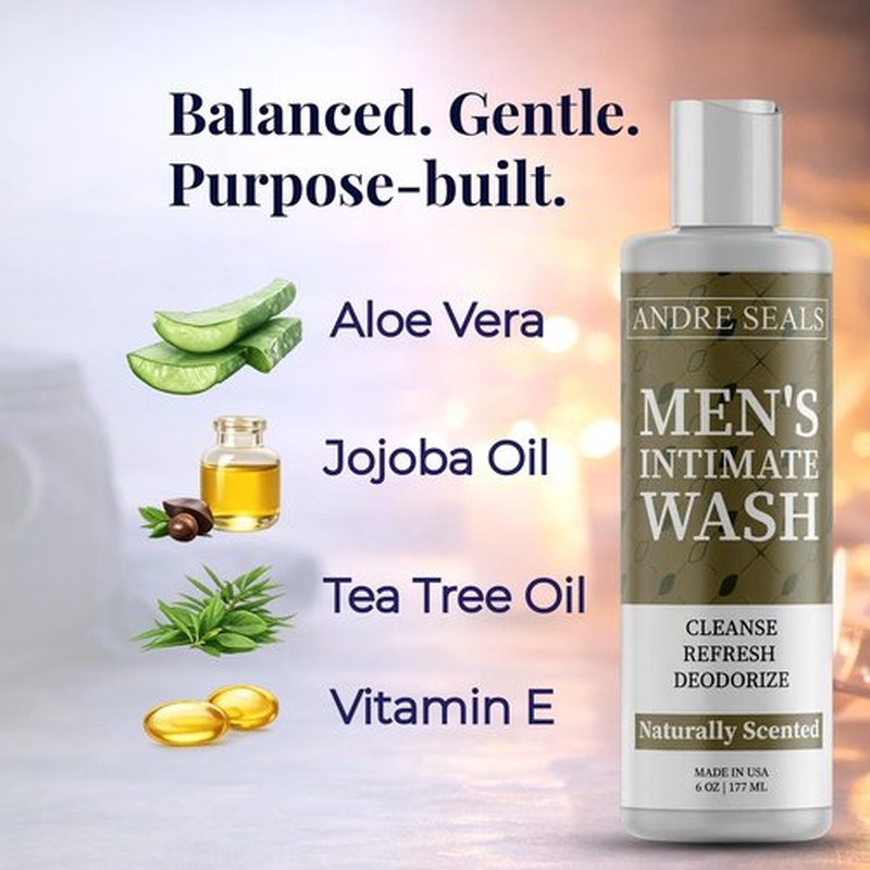 Andre Seals Intimate Wash for Men – Gentle Male Hygiene Cleanser with Aloe & Tea Tree, Rich Lather for Daily Freshness