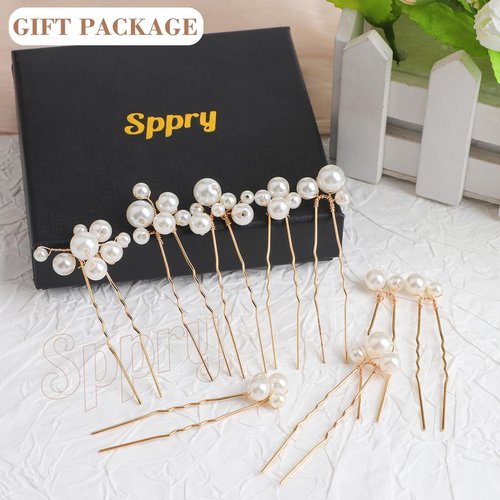 Sppry U Shaped Pearl Wedding Hair Pins for Bridal Women, Set of 9 (Gold)