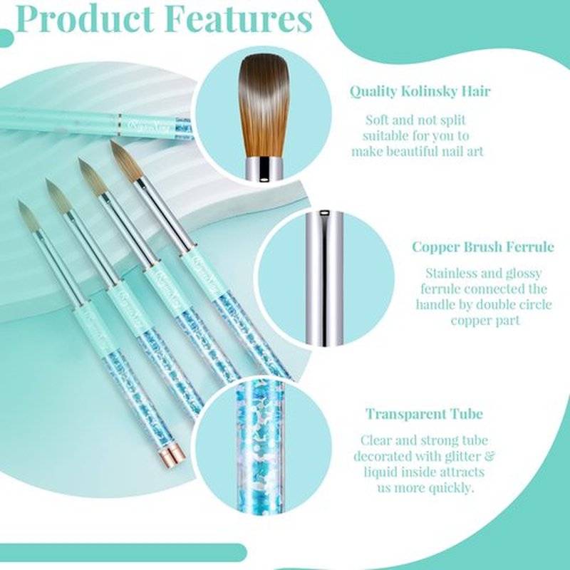 3PCS Acrylic Nail Brush Set, Size 6/10/14. Kolinsky Hair,Oval Crimped Pressed Shaped Acrylic Nail Brushes,Blue Metal Handle Acrylic Powder Brush Set Professional Manicure For DIY Home Salon