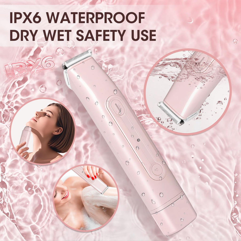 Lanumi 2 in 1 Electric Shaver Dual Head Bikini Trimmer Women IPX6 Wet Dry Pubic Hair Trimmer Rechargeable Body Facial Hair Remover for Face Lip Chin Underarm Legs (Pink)