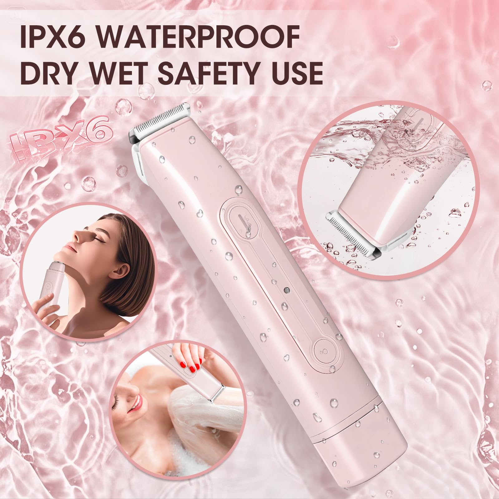 Lanumi 2 in 1 Electric Shaver Dual Head Bikini Trimmer Women IPX6 Wet Dry Pubic Hair Trimmer Rechargeable Body Facial Hair Remover for Face Lip Chin Underarm Legs (Pink)