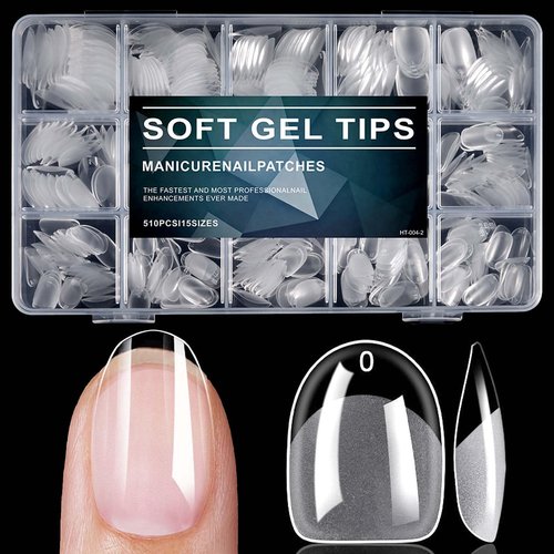 510pc Extra Short Oval Nail Tips, Soft Gel Nail Tip XS Fake Nails Oval Artificial Fingernail, 15 Sizes Full Cover Clear Press on Nail Short Acrylic Nails Tips for Nail Extension, Press Nails Making
