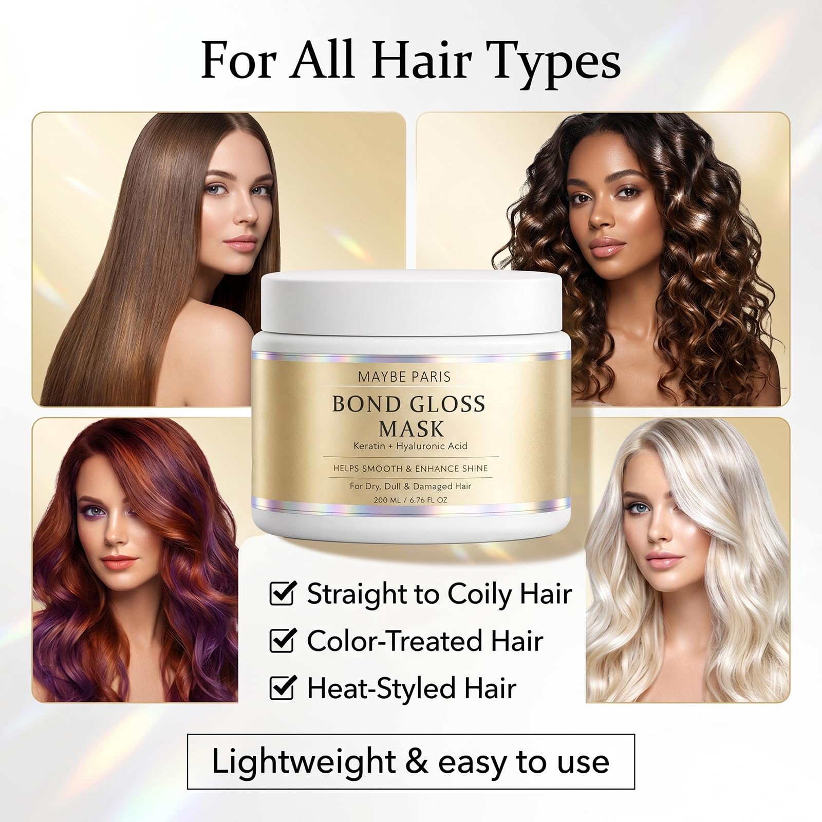 BCYXLR Maybe Paris Bond Gloss Mask, with Hydrolyzed Keratin & Hyaluronic Acid, Helps Support Stronger, Smoother & Shinier Looking Hair, for Dry, Dull & Damaged Hair, Sulfate-Free & Silicone-Free (1)