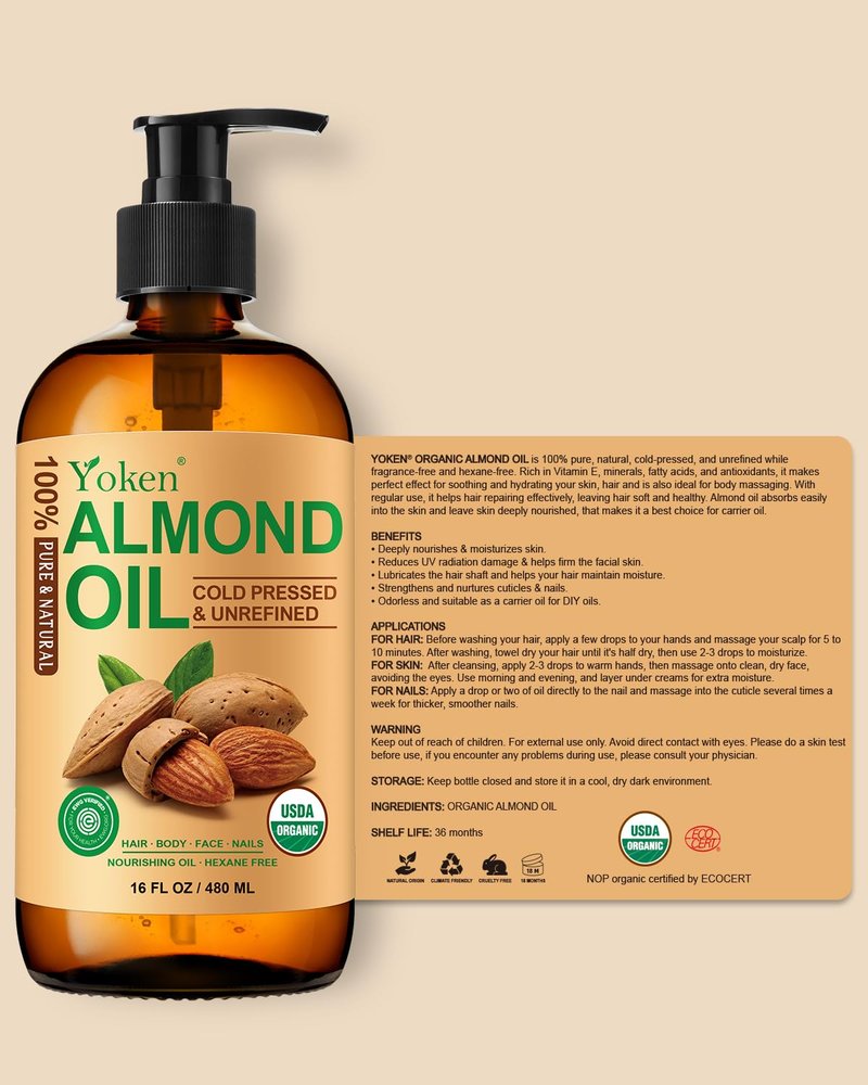 Yoken Organic Almond Oil 16 fl oz, USDA 100% Pure Cold Pressed Almond Oils in Glass Bottle, Natural Moisturizer for Face, Hair & Body, Ideal Carrier Oil for Skin Care, DIY Beauty & Soothing Massage
