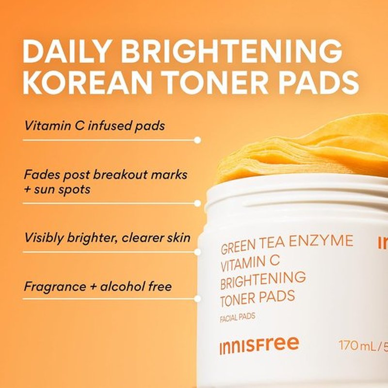 Innisfree Green Tea Enzyme Toner Pads - Brightening Face Pads for Radiant Skin & Dark Spot Reduction
