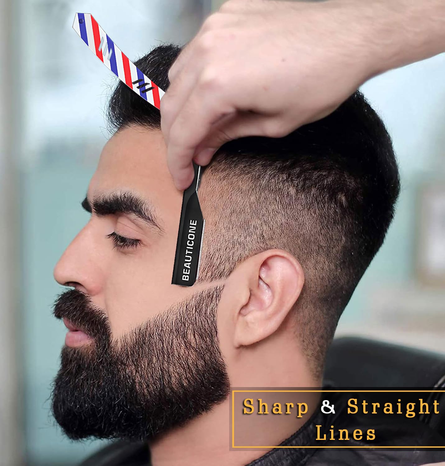 BEAUTICONE Barber Straight Razor for Men – Professional Shavette with Slide-Out Blade Holder, 100 Stainless Steel Blades Included, Cut Throat Razor, Pole Stripe