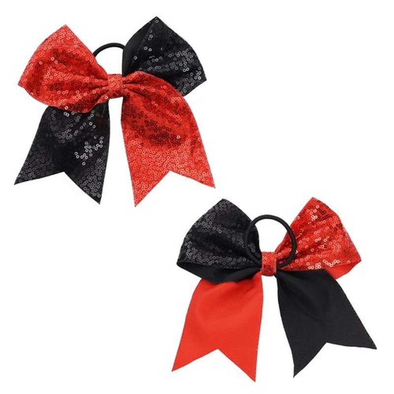 Large Sequin Glitter Cheer Hair Bows,Sparkly Bows Ponytail Holder Elastic Band for Cheerleading Teen Girls College Sports (Red Black)