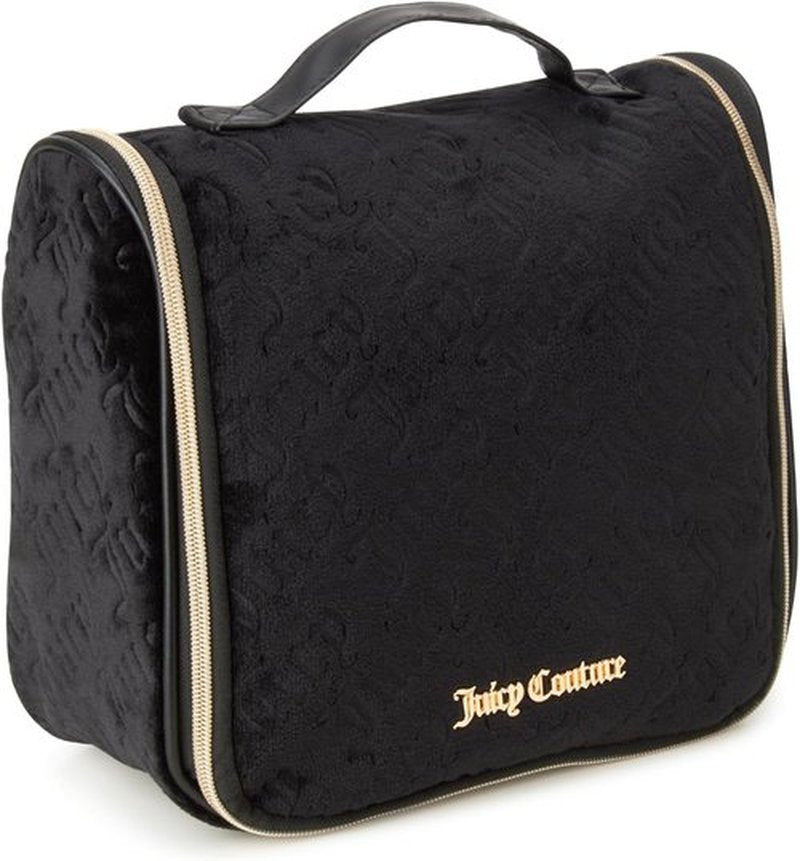 Juicy Couture Black Makeup Bag - Velour Cosmetics Organizer with Travel Hook & Logo