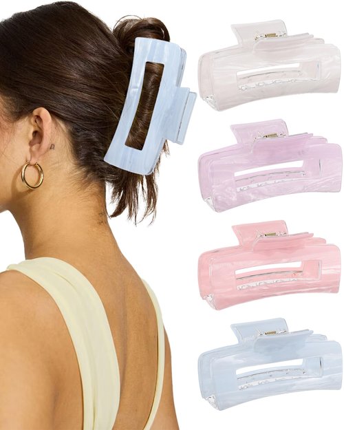4Pcs Large Acrylic Hair Claw Clips, Nonslip Cute Hair Clips for Thick Hair and Long Hair, Rectangle Marble Claw Clips Hair Accessories for Women and Girls