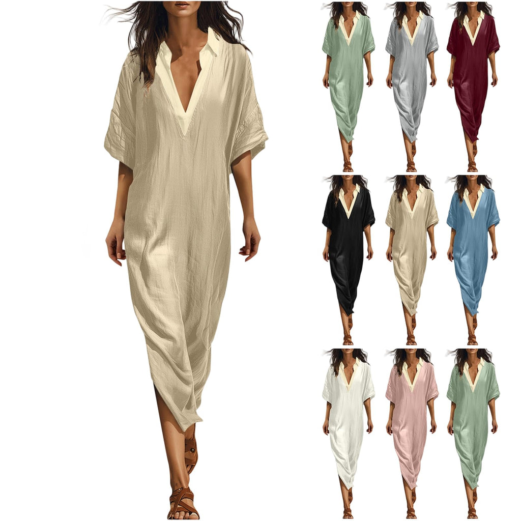 Linen Dress Women Casual Short Sleeve Fashion Beach Dresses V-Neck Lightweight Split Flowy Sundresses