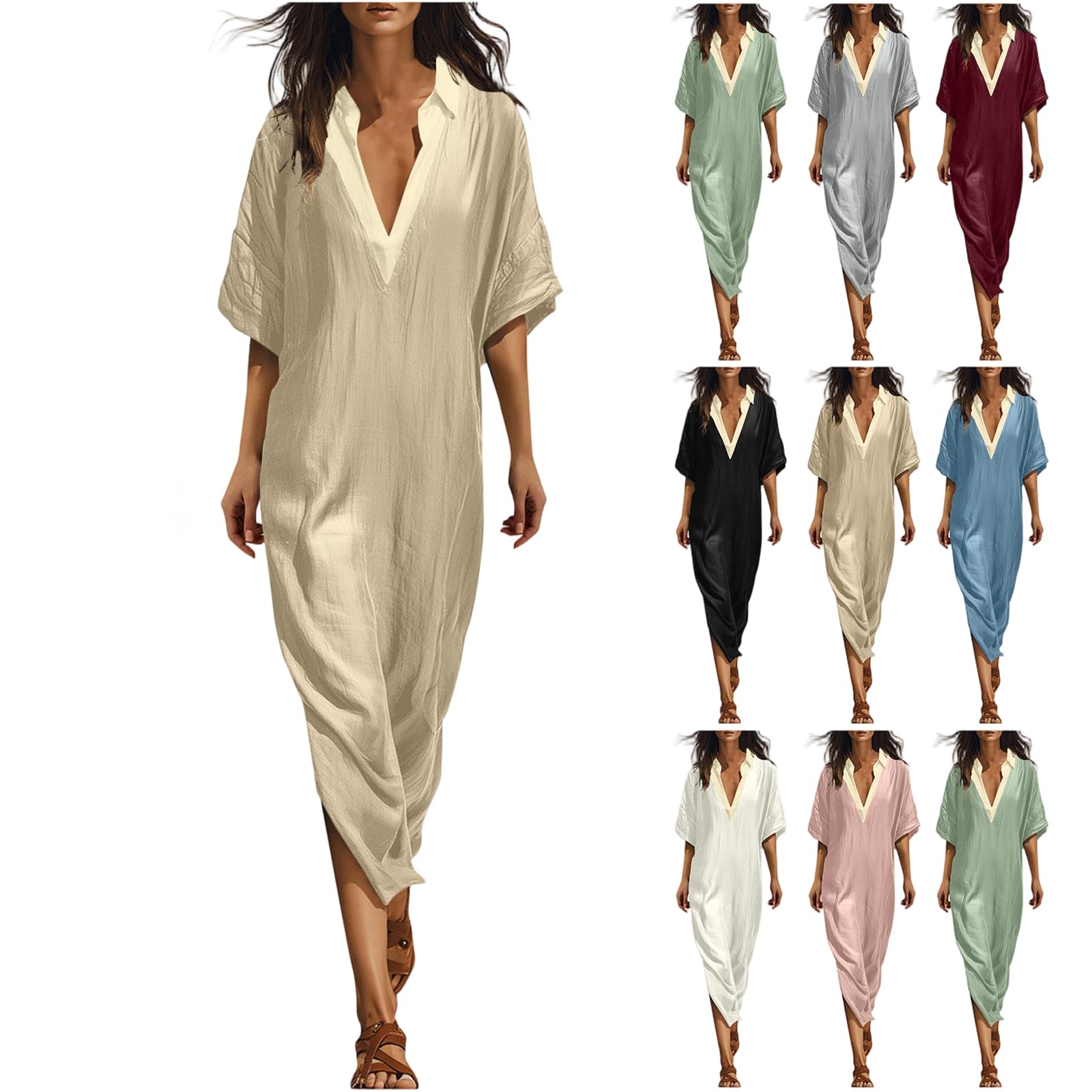 Linen Dress Women Casual Short Sleeve Fashion Beach Dresses V-Neck Lightweight Split Flowy Sundresses